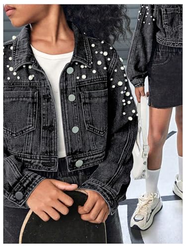 Image of WDIRARA Girl's Beaded Denim Jacket Button Down Collared Long Sleeve Jeans Jackets Y2K Outerwear