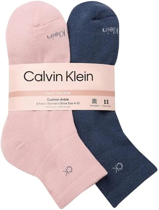 Calvin Klein High Quarter Socks for Women – 8 Pair Cushioned Ankle Socks – High Quarter Cut, Comfort Design-SIZE 4-10