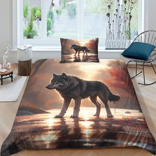 Taie d'oreiller et housse de couette loup anti-plis en microfibre