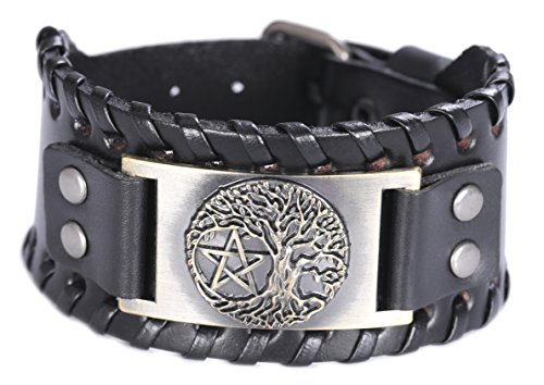 Pulsera de cuero con diseño de árbol de la vida Yggdrasil pentáculo Wicca Pagan ancho para hombre