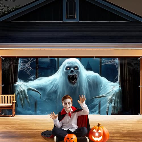 MEHOFOND Halloween Scary Garage Door Decoration 6 x 13 ft, Spooky Haunted House Halloween Hanging Door Cover Backdrop Banner, White Cloth Ghost for Outdoor Home Yard Horror Theme Party Decor by MEHOFOND - Used condition - Image 5