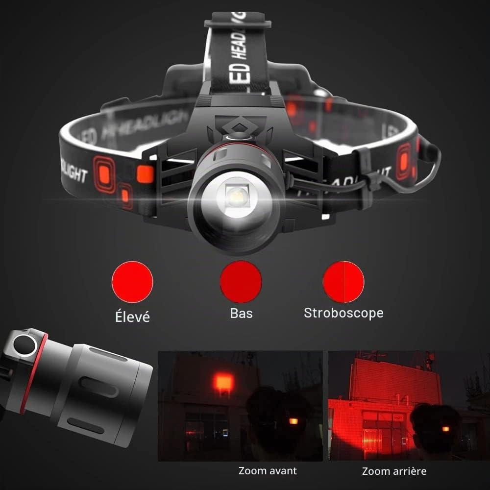 Lamp Frontale Rouge, 1000 Lumens Lampe Frontale Rechargeable avec Lumière Rouge Zoomable Torche Frontale Rouge pour la Chasse, l'Astronomie, la Vision Nocturne et la Camping(Lumière Rouge)