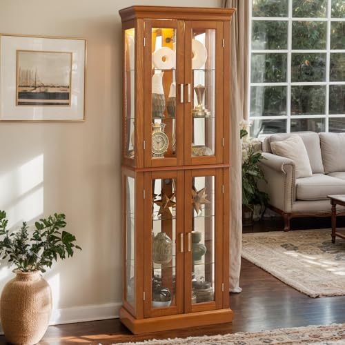 CKEASEAN Lighted Curio Cabinet 70" Glass Display Case with Adjustable Shelves Vintage, Wooden Wine Bar Cabinet with 6 Shelves for Living Room Liquor Storage (E26 Light Bulb not Included) (Oak)