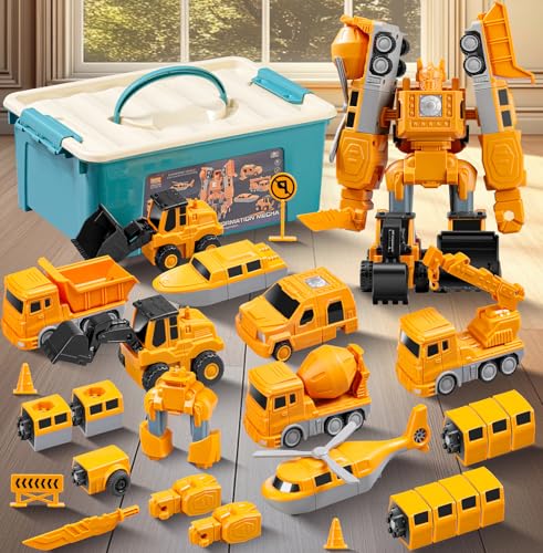 Robot Transformación Magnético Coche de Ingeniería,Camión de Construcción Magnético con Caja de Almacenamiento, Juego de Juguetes Ensamblados para Niños Mayores de 3 Años (35 Piezas)