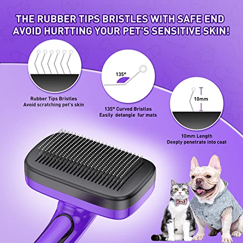 Pet Self Cleaning Slicker Brush For Shedding & Grooming Long Short Haired Dogs, Cats Retractable Brush For Large And Small Gently Removes Loose Undercoat, Mats Tangled Hair From Pet's Coat - Purple #TOP1