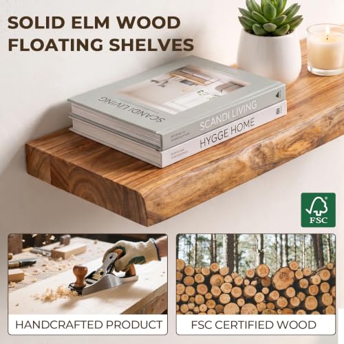 Image of Live Edge Elm Floating Shelves - 24 In Rustic Solid Wood Shelves with Heavy-Duty Invisible Bracket, Wall-Mounted Wooden Shelf for Living Room, Bathroom, Kitchen Storage & Display, Set of 2, Natural