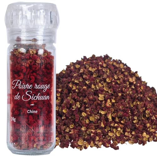 Khla - Poivre de Sichuan Rouge 24 g - Moulin Rechargeable - Ingrédient Épicerie Fine Cuisine - Baies de Sichuan Rouge - Direct Producteur - Épice d’Asie Poivre Timut Szechuan - Origine Chine