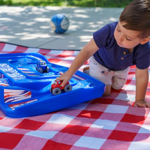 Image of Simplay3 Portable Carry and Go Kids Race Track Toy Car Train Table, 2-Sided No Assembly for Children 3 4 5 6 7 Years Old Boys Girls, Made in USA, Red White & Blue
