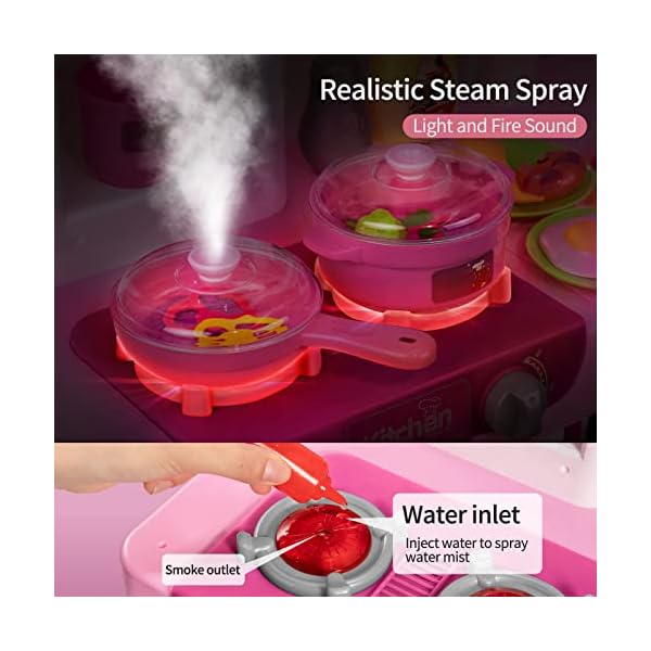 TEMI Play Kitchen Playset Pretend Food 53 PCS Pink Kitchen Toys for