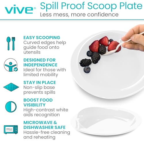 Vive Spill-Proof Scoop Plate, 9" (2 Pack) - Dish with Wall for Disabled, Handicapped, Elderly Adults with Special Needs from Parkinsons, Dementia, Stroke, Tremors with - Non Skid Padded Bottom - Image 3