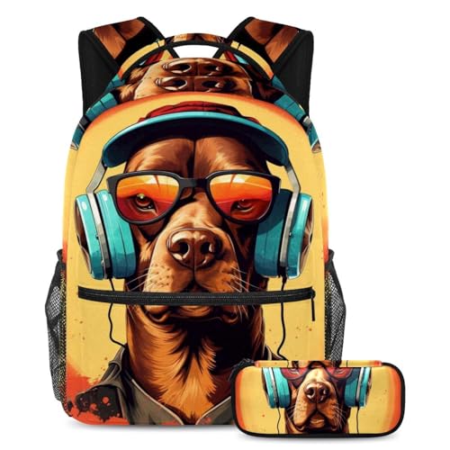 Sac à dos avec trousse à crayons Retro Sunglasses Cool Dog ensemble Large