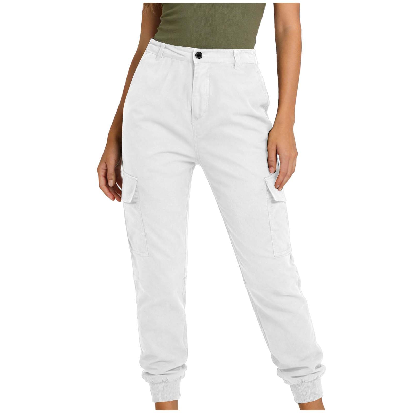 Cargo Trousers Women Elastic Waist Cuffed Leg Cargo Pants Casual Stretchy Cherry Berry Trousers with Pockets Ladies Work Combat Trouser Bottoms Jogging Pants for Outdoor Hiking Walking