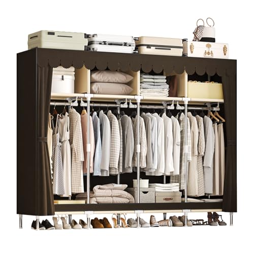 LEAIJIAFY 大型ポータブル戸棚 ワードローブクローゼット 吊り下げロッド4本と引き出し付き グレーメタル収納 ワードローブ衣類ラック ダストカバー付き 衣類を掛けるための幅68インチ 寝室 (茶色, 長さ 197cm)