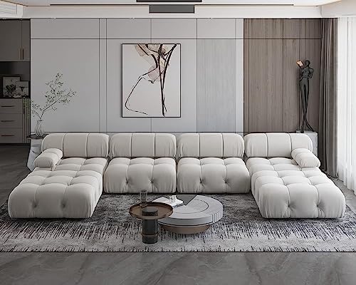 JACH 138" Modular Sectional Couch, U-Shaped Minimalist Velvet Sofas with Chaise Ottomans, Convertible Modern Deep 6-Seat Sofas Furniture for Living Room, Apartment (Beige) - Thumbnail 2