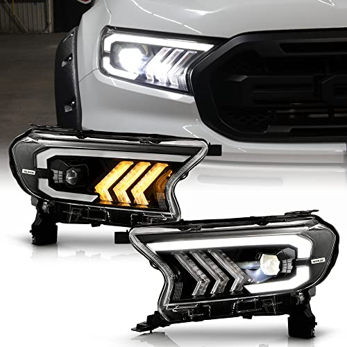 ACANII - For 2019-2022 Ford Ranger XL|XLT Black LED Sequential Signal Tube Full LED Projector Headlights Headlamps Pair