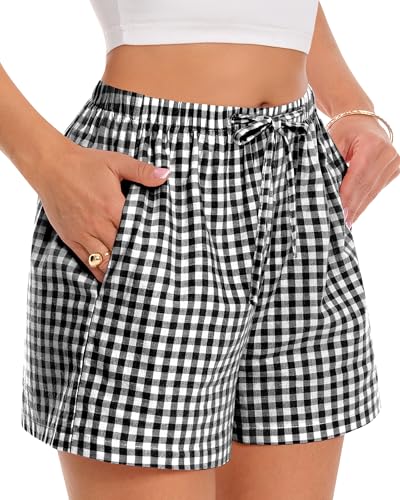 Image of Women Boxer Shorts Gingham Drawstring Pajama Bottom Plaid Pants with Pocket