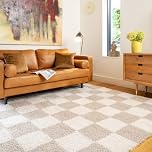 Modern Shaggy Rug Beige Cream Abstract Checker Design Soft Pile Mid Century Minimalist Retro Style Cozy Neutral Area Rug for Living Room Bedroom 120cm x 170cm (3ft 11" x 5ft 7")