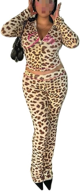 Women's leopard print zipper hooded sweatshirt flared pants two-piece set, spring autumn slim fit hoodie pants set