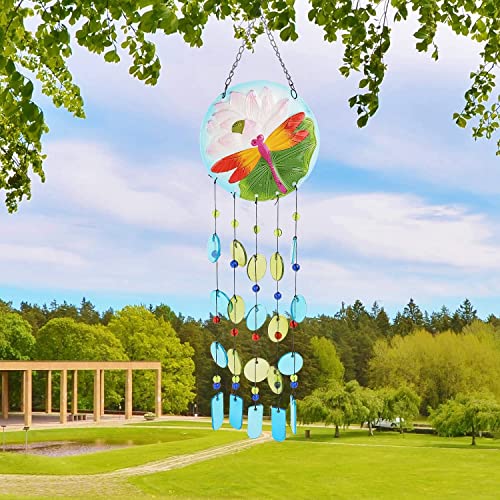 Glass Wind Chimes For Outside, 29 Inch Dragonfly Windchimes Outdoors, Handworks Colorful Memorial Wind Chime With Hook As Gifts For Family And Friends, Patio Garden Yard Home Decor #TOP5