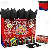 Caoekego 13' Large Spider Gift Bag (includes cards, colored paper, and stickers), Superhero Tote Gift Bag, Cartoon Spider Birthday Party Supplies