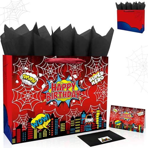 Image of Caoekego 13" Large Spider Gift Bag (includes cards, colored paper, and stickers), Superhero Tote Gift Bag, Cartoon Spider Birthday Party Supplies