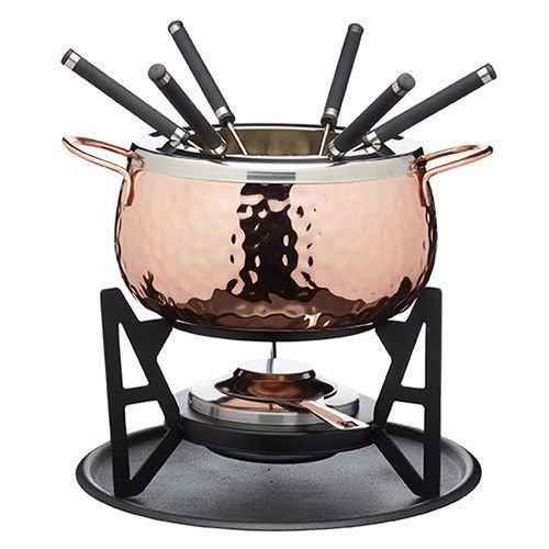 Masterclass Copper Finish Hammered Fondue Set w/6 Forks, Chocolate, Cheese, Meat