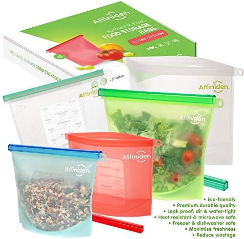 5 x Reusable Silicone Food Bags by Affiniden® | Assorted Size Storage Bag Multipack (3 x 1000 ml Plus 2 x 1500 ml) | Eco-Friendly Set