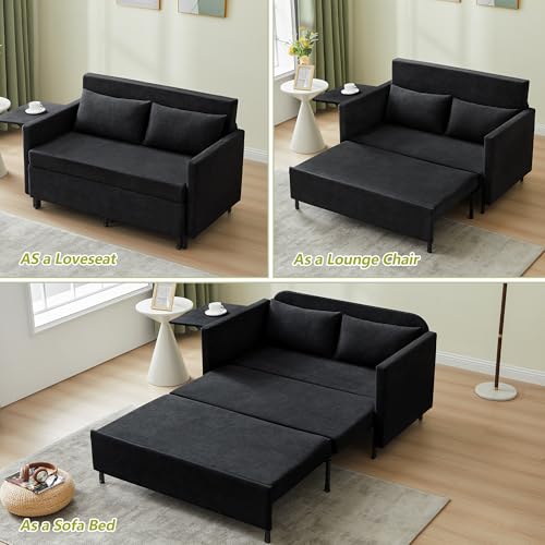 Image of QHITTY Pull Out Couch Bed, 2-in-1 Sleeper Sofa Small Loveseat Bed with Hidden Side Table and Iron Frame for Living Room, Small Space, Apartment (Black)