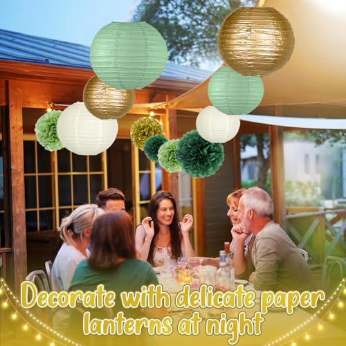 Image of KAXIXI 15pcs Hanging Party Decorations Set, Sage Green Gold Paper Flowers Pom Poms Balls and Paper Lanterns for Rustic Party Bridal Shower Wedding Sage Green Birthday Party Supplies, LanternPomPom008