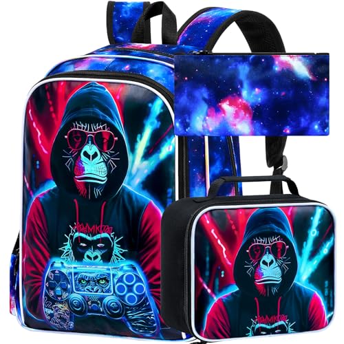 AGSDON Mochila infantil com 3 peças, 43 cm com lancheira, mochila de orangotango diabo, resistente à água e leve para meninos