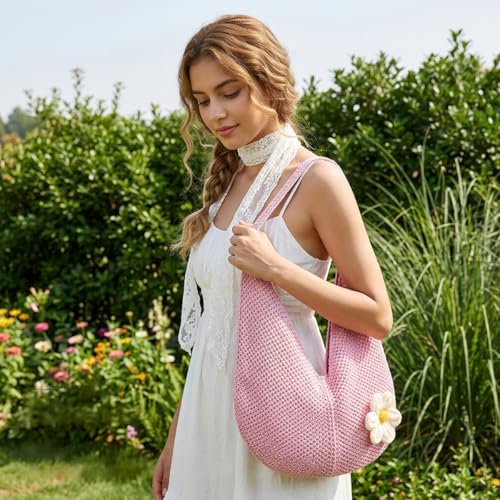 Image of PALAY Tote Bag for Woman Crochet Mesh Beach Shoulder Bags with Flower Brooch Summer Vacation Knitted Bag for Women Shoulder