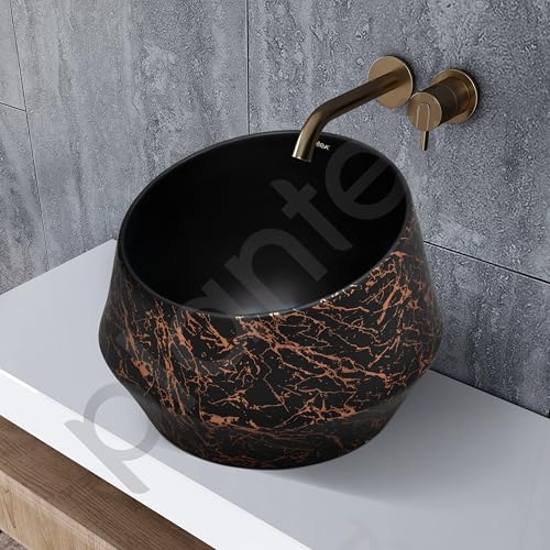 Image of Plantex Ceramic Tabletop Washbasin /Bathroom Basin Sink /Basin for Bathroom /Wash Basin for Restaurant /Hotel (Black & Gold - 16.5 x 16.5 x 13 Inch)