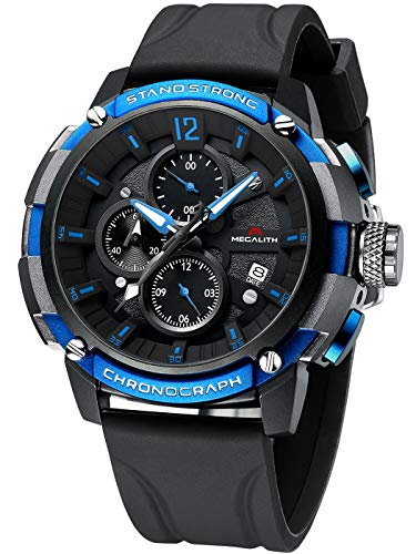 MEGALITH Men's Watch 50mm Rubber Chronograph Waterproof Large Face Watch Silicone Military Sport Analog Heavy Duty Watches for Men Luminous Multifunctional Designer Gents Wrist Watches Black Blue