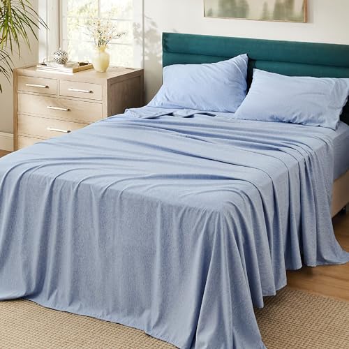 Image of Bedsure California King Sheet Sets - 4 Pieces, Soft & Cooling Cal King Sheets, Luxury Cationic Dyed, Deep Pockets & Easy-Fit, Breathable & Wrinkle Free, Blue