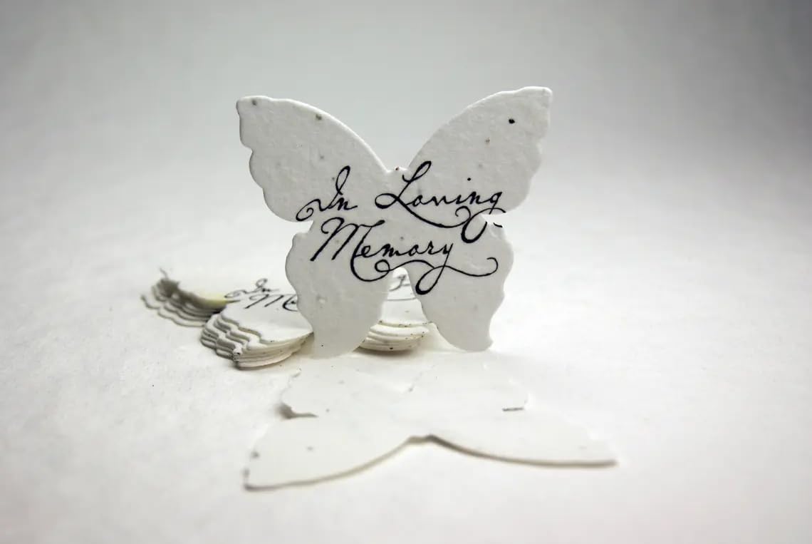 Of The Earth Handmade Paper - Wildflower Seed Paper Butterfly Shapes - B/W Script Variations - 3" - Set of 24 (in Loving Memory)