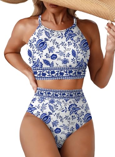 Image of Herseas Women's Bikini Sets High Neck Tropical Leaf Print High Waisted Two Pieces Swimsuits Bathing Suits