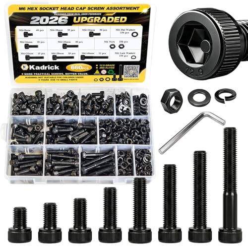 Image of Kadrick M6 Screw Assortment Kit 660PCS,M6x8mm-40mm Bolts with Nuts,Washers & Hex Wrench, Class 12.9 Socket Head Cap M6 Screws, Black Zinc Plated, for DIY, Industrial & Mechanical Use