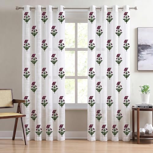 Image of LINENWALAS Decorative Cotton Linen Sheer Curtains 9 Feet for Long Door -Block Printed Door Curtain | Grommet Hanging Style Pack of 2 Panels |Light Filtering Sheer Drapes (Rose Butta)