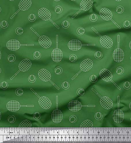 Soimoi Verde Rayo de crepe Tela Pelota de Tenis y Raqueta Deportes Tela Estampada de 1 Metro 46 Pulgadas de Ancho