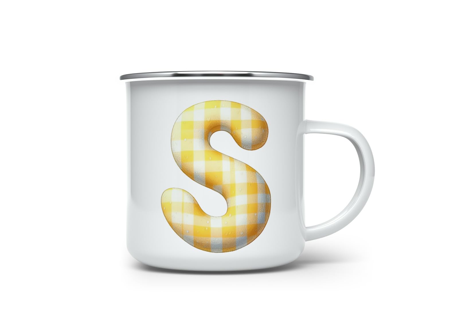 MAXIKIWI - Durable Enamel Coffee or Tea Camping Mug for Indoor Outdoor Use - Yellow Gingham Alphabet - 350ml