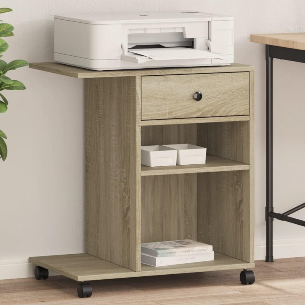Druckerständer mit Rollen Sonoma-Eiche 60x40x68,5 cm, Druckerregal aus Holzwerkstoff mit viel Stauraum für Akten und Bürobedarf, 4 Rollen mit 2 Bremsen, multifunktional