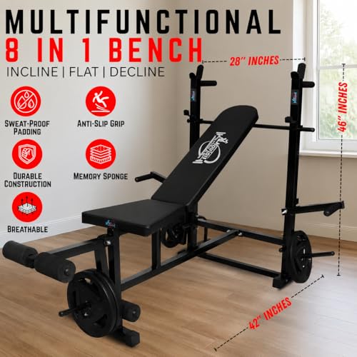 Image of 8-in-1 Multipurpose Adjustable Weight Bench, Incline /Decline /Flat Bench with Leg Extension, Butterfly, Dips Station, Multi Bench, Home Workout Fitness Bench (Full Black)