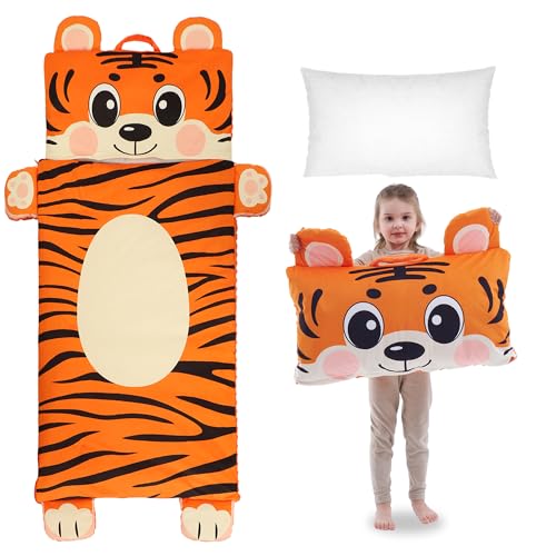 Wizland Kids Sleeping Bag with Pillow Boys Daycare Mat Flannel Tiger Nap Preschool Rest Mats-Kindergarten, Fluffy Warm Portable Tiger Nap Thick Nap Roll for Toddlers-61.8"×28.3"
