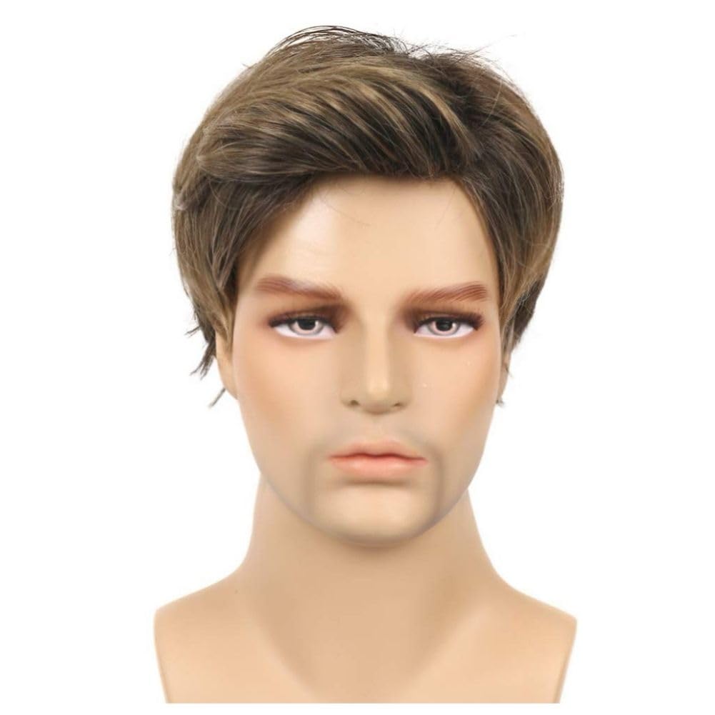 Salaibs Mens Brown Short Wig Side Part Natural Looking Hair Wigs Synthetic Fiber Daily Wig, Brown Blonde - Image 2