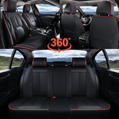 Image of Coverado Car Seat Covers Full Set, Premium Nappa Leather Seat Covers for Car, Waterproof Car Seat Protector with Lumbar Support, Car Seat Cover Universal Fit for Most Cars SUV Truck(Black&Red)