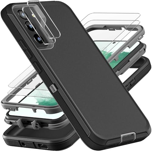 YKHJKLEC for Samsung Galaxy S22 Plus Case, Military Grade 3 in 1 Heavy Duty Shockproof/Drop Proof/Dust Proof Case with 2Pcs Tempered Glass Screen Protector & Camera Lens Protector (Black/Grey)
