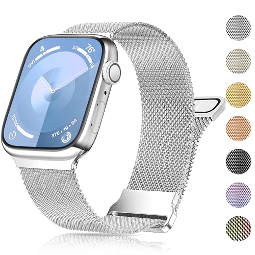Mazuboho Pulseira Milanese Loop para Apple Watch de 49 mm, 45 mm, 44 mm e 42 mm, malha ajustável e magnética de aço inoxidável, séries 1 a 9, SE e Ultra, prata