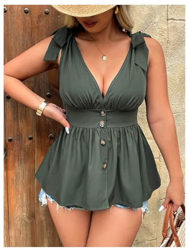 SOLY HUX Women's Plus Size Tank Top Tie Shoulder V Neck Sleeveless Peplum Button Down Tops4
