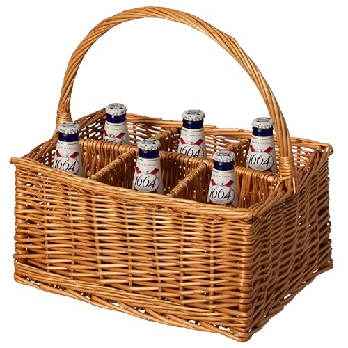 Wickewise Indoor and Outdoor 6 Bottle Wine and Beverage Wicker Tote Basket – Perfect for Beer, Champagne, Bar Accessories, Home Bars, Picnics, Parties, and Bachelor Party Favors, Brown