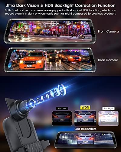 Right Side Camera VersionMirror Dash Cam 10'' 1080P Dual Dash Cam Front and Rear View Mirror with Waterproof Rear Camera Super Night Vision, 170° Angle, 10M Cable Dash Rear View Camera, 64GB SD Card